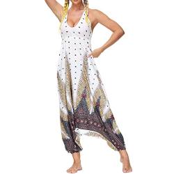 Nuofengkudu Damen Blumen Boho Jumpsuit V Ausschnitt Rückenfrei Overall Leichte Sommerkleid Playsuits Strandkleid Sommeroutfit Einheitsgröße S-Weiß Pfau von Nuofengkudu