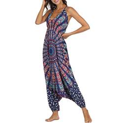 Nuofengkudu Damen Blumen Boho Jumpsuit V Ausschnitt Rückenfrei Overall Leichte Sommerkleid Playsuits Strandkleid Sommeroutfit von Nuofengkudu