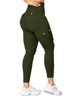 Nuofengkudu Damen Booty Scrunch Butt Leggings Push up Effekt Cargo Tasche High Waist Po Betont Formende Blickdicht Bequeme Gym Sportleggins Sport Hosen Workout Sporthose Jogginghose Armee Grün S von Nuofengkudu