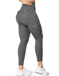 Nuofengkudu Damen Booty Scrunch Butt Leggings Push up Effekt Cargo Tasche High Waist Po Betont Formende Blickdicht Bequeme Gym Sportleggins Sport Hosen Workout Sporthose Jogginghose Dunkelgrau XS von Nuofengkudu