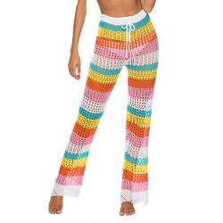 Nuofengkudu Damen Häkeln Hosen Leichte Bikinihosen Bademode Cover up Strandhose Weite Lässige Sommerhose Sommer Strand Party(9339-Regenbogen,M) von Nuofengkudu