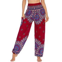 Nuofengkudu Damen Haremshose mit Taschen Boho Gemustert High Waist Leichte Baggy Yogahose Freizeithose Sommer Strand Festlich Pluderhose(W-Weinrot Blumen,Einheitsgröße) von Nuofengkudu