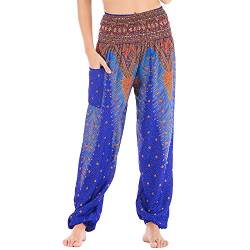 Nuofengkudu Damen Haremshosen High Waist Hippie Muster Baumwolle Pumphosen mit Taschen Leicht Weite Luftige Stoffhose Yogahose Sommerhose Strandhose(Einheitsgröße,Blau Pfau) von Nuofengkudu