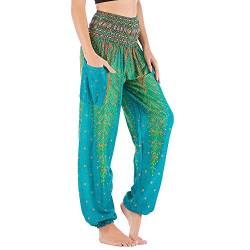 Nuofengkudu Damen Haremshosen High Waist Hippie Muster Baumwolle Pumphosen mit Taschen Leicht Weite Luftige Stoffhose Yogahose Sommerhose Strandhose(Einheitsgröße,H Grün Pfau) von Nuofengkudu