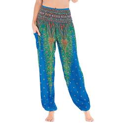 Nuofengkudu Damen Haremshosen High Waist Hippie Muster Baumwolle Pumphosen mit Taschen Leicht Weite Luftige Stoffhose Yogahose Sommerhose Strandhose(Einheitsgröße,Hu Blau Pfau) von Nuofengkudu