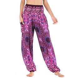 Nuofengkudu Damen Haremshosen High Waist Hippie Muster Baumwolle Pumphosen mit Taschen Leicht Weite Luftige Stoffhose Yogahose Sommerhose Strandhose(Einheitsgröße,Violett Blume) von Nuofengkudu