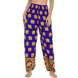 Nuofengkudu Damen Haremshosen High Waist Hippie Muster Pumphosen mit Taschen Leicht Weite Luftige Stoffhose Yogahose Sommerhose Strandhose(Einheitsgröße,W-Marineblau Elefant) von Nuofengkudu