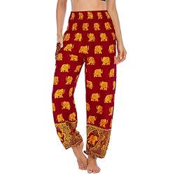 Nuofengkudu Damen Haremshosen High Waist Hippie Muster Pumphosen mit Taschen Leicht Weite Luftige Stoffhose Yogahose Sommerhose Strandhose(Einheitsgröße,W-Weinrot Elefant) von Nuofengkudu