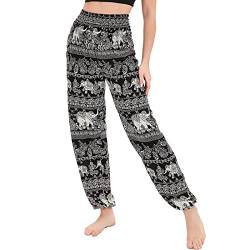 Nuofengkudu Damen Haremshosen High Waist Hippie Muster Pumphosen mit Taschen Leicht Weite Luftige Stoffhose Yogahose Sommerhose Strandhose Elefant Schwarz Einheitsgröße von Nuofengkudu