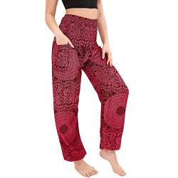 Nuofengkudu Damen Haremshosen High Waist Hippie Muster Pumphosen mit Taschen Leicht Weite Luftige Stoffhose Yogahose Sommerhose Strandhose Rosa Rose Einheitsgröße von Nuofengkudu