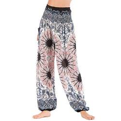 Nuofengkudu Damen Haremshosen High Waist Hippie Muster Pumphosen mit Taschen Leicht Weite Luftige Stoffhose Yogahose Sommerhose Strandhose Urlaub Loungewear(Einheitsgröße,X-Weiß Blume) von Nuofengkudu