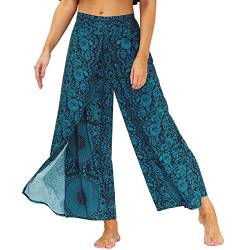 Nuofengkudu Damen High Waist Lockere Hosen mit Schlitz Weites Bein Leichte Luftige Blumenmuster Yogahosen Stoffhose Sommerhose Strandhose Freizeithose Palazzo Yoga Pants X-Rosa Dunkelblau XL von Nuofengkudu