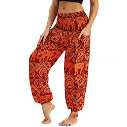 Nuofengkudu Damen Hippie Harems Hose Pumphose Haremshose Aladdinhosen Boho Gemustert Gesmockte Taille mit Taschen Yogahose Freizeithose Sommerhose Strandhose Orange Elefant von Nuofengkudu