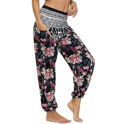 Nuofengkudu Damen Hippie Harems Hose Pumphose Haremshose Aladdinhosen Boho Gemustert Gesmockte Taille mit Taschen Yogahose Freizeithose Sommerhose Strandhose Rose Blumen von Nuofengkudu