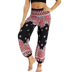 Nuofengkudu Damen Hippie Haremshose Capri Thai Hose Leichte mit Taschen Dünn Boho Ethno Blumenmuster Muster Strand Sommerhose Yogahose Schwarz Rot Blume von Nuofengkudu