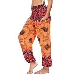 Nuofengkudu Damen Hippie Haremshose Yogahose mit Taschen Thai High Waist Yoga Hosen Leichte Dünn Boho Ethno Muster Strand Sommerhose Pumphose Freizeithose Einheitsgröße Y-Orange von Nuofengkudu