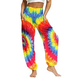 Nuofengkudu Damen Hippie Haremshosen mit Taschen Leichte Boho Muster Bunt High Waist Yogahosen Sommer Lockere Hosen Freizeithose (Regenbogen A,One Size) von Nuofengkudu