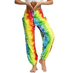 Nuofengkudu Damen Hippie Haremshosen mit Taschen Leichte Boho Muster Bunt High Waist Yogahosen Sommer Lockere Hosen Freizeithose (Regenbogen C,One Size) von Nuofengkudu