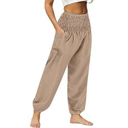 Nuofengkudu Damen Hippie High Waist Haremshose Leicht Pumphose Harem Hosen Locker Schlicht Baggy Boho Viskose Pluderhose Yoga Pants Sommerhose Freizeithose Pyjamahose Thaihose Homewear Aprikose M von Nuofengkudu