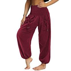 Nuofengkudu Damen Hippie High Waist Haremshose Leicht Pumphose Harem Hosen Locker Schlicht Baggy Boho Viskose Pluderhose Yoga Pants Sommerhose Freizeithose Pyjamahose Thaihose Homewear Rot M von Nuofengkudu