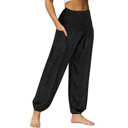 Nuofengkudu Damen Hippie High Waist Haremshose Leicht Pumphose Harem Hosen Locker Schlicht Baggy Boho Viskose Pluderhose Yoga Pants Sommerhose Freizeithose Pyjamahose Thaihose Homewear Schwarz L von Nuofengkudu