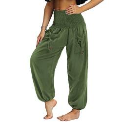 Nuofengkudu Damen Hippie High Waist Haremshose Leicht Pumphose Harem Hosen Locker Schlicht Baggy Viskose Pluderhose Yoga Pants Sommerhose Freizeithose Pyjamahose Homewear Dunkelgrün L von Nuofengkudu