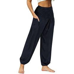 Nuofengkudu Damen Hippie High Waist Haremshose Leicht Pumphose Harem Hosen Locker Schlicht Baggy Viskose Pluderhose Yoga Pants Sommerhose Freizeithose Pyjamahose Homewear Marineblau L von Nuofengkudu