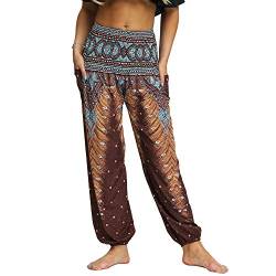 Nuofengkudu Damen Hippie Hosen mit Taschen Haremshosen Leichte Boho Muster Bunt High Waist Yogahosen Sommer Lockere Umstandshose Freizeithose (Braun A,One Size) von Nuofengkudu