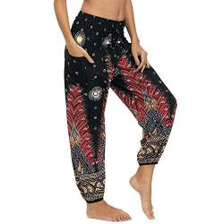 Nuofengkudu Damen Hippie Hosen mit Taschen Haremshosen Leichte Boho Muster Bunt High Waist Yogahosen Sommer Lockere Umstandshose Freizeithose (Brauner Pfau,One Size) von Nuofengkudu