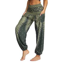 Nuofengkudu Damen Hippie Hosen mit Taschen Haremshosen Leichte Boho Muster Bunt High Waist Yogahosen Sommer Lockere Umstandshose Freizeithose (Grün B,One Size) von Nuofengkudu