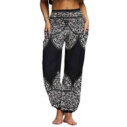 Nuofengkudu Damen Hippie Hosen mit Taschen Haremshosen Leichte Boho Muster Bunt High Waist Yogahosen Sommer Lockere Umstandshose Freizeithose (Schwarz C,One Size) von Nuofengkudu