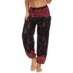 Nuofengkudu Damen Hippie Hosen mit Taschen Haremshosen Yogahosen Leichte Boho Muster High Waist Yoga Hosen Bunt Gemustert Lockere Pumphose Freizeithose Sommer Strand(X-Schwarze Blume,One Size) von Nuofengkudu