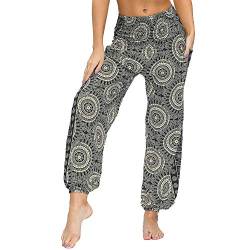 Nuofengkudu Damen Hippie Hosen mit Taschen Haremshosen Yogahosen Leichte Boho Muster High Waist Yoga Hosen Bunt Gemustert Lockere Pumphose Freizeithose Sommer Strand(Z-Grau,Einheitsgröße) von Nuofengkudu