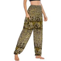 Nuofengkudu Damen Hippie Pumphosen mit Taschen Muster High Waist Haremshose Boho Luftige Bequeme Luftige Sommer Thai Hosen Yogahose Strandhosen Festlich(W-Dunkelgrün,Einheitsgröße) von Nuofengkudu