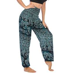 Nuofengkudu Damen Hippie Pumphosen mit Taschen Muster High Waist Haremshose Boho Luftige Bequeme Luftige Sommer Thai Hosen Yogahose Strandhosen Festlich(W-Schwarz Blau,Einheitsgröße) von Nuofengkudu