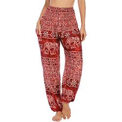 Nuofengkudu Damen Hippie Pumphosen mit Taschen Muster High Waist Haremshose Boho Luftige Bequeme Luftige Sommer Thai Hosen Yogahose Strandhosen Festlich(W-Weinrot,Einheitsgröße) von Nuofengkudu