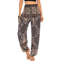 Nuofengkudu Damen Hippie Pumphosen mit Taschen Muster High Waist Haremshose Boho Luftige Bequeme Luftige Sommer Thai Hosen Yogahose Strandhosen Festlich(X-Blume Schwarz) von Nuofengkudu