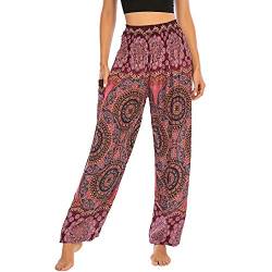 Nuofengkudu Damen Hippie Pumphosen mit Taschen Muster High Waist Haremshose Boho Luftige Bequeme Luftige Sommer Thai Hosen Yogahose Strandhosen Festlich(X-Blume WeinRot) von Nuofengkudu