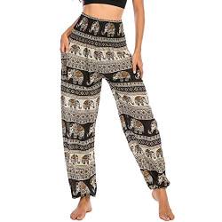 Nuofengkudu Damen Hippie Pumphosen mit Taschen Muster High Waist Haremshose Boho Luftige Bequeme Luftige Sommer Thai Hosen Yogahose Strandhosen Festlich(X-Elefant Schwarz) von Nuofengkudu