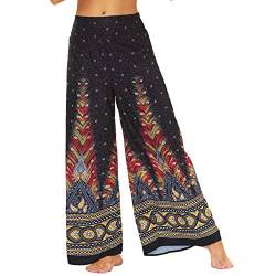 Nuofengkudu Damen Lang Gemusterte High Waist Yoga Hosen Weites Bein Elegant Hippie Sommerhose Locker Leicht Bunt Boho Sommer Strand Relaxhose Festlich Freizeithose(005-Braun,S/M) von Nuofengkudu