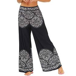 Nuofengkudu Damen Lang Gemusterte High Waist Yoga Hosen Weites Bein Elegant Hippie Sommerhose Locker Leicht Bunt Boho Sommer Strand Relaxhose Festlich Freizeithose(008-Schwarz,S/M) von Nuofengkudu