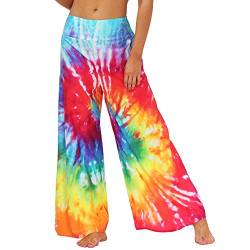 Nuofengkudu Damen Lang Gemusterte High Waist Yoga Hosen Weites Bein Elegant Hippie Sommerhose Locker Leicht Bunt Boho Sommer Strand Relaxhose Festlich Freizeithose(014-Rainbow,S/M) von Nuofengkudu