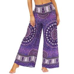 Nuofengkudu Damen Lang Gemusterte High Waist Yoga Hosen Weites Bein Elegant Hippie Sommerhose Locker Leicht Bunt Boho Sommer Strand Relaxhose Festlich Freizeithose(015-Violett,S/M) von Nuofengkudu