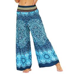 Nuofengkudu Damen Lang Gemusterte High Waist Yoga Hosen Weites Bein Elegant Hippie Sommerhose Locker Leicht Bunt Boho Sommer Strand Relaxhose Festlich Freizeithose(017-Blau,L/XL) von Nuofengkudu