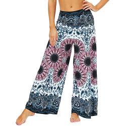 Nuofengkudu Damen Lang Gemusterte High Waist Yoga Hosen Weites Bein Elegant Hippie Sommerhose Locker Leicht Bunt Boho Sommer Strand Relaxhose Festlich Freizeithose(018-Grau,L/XL) von Nuofengkudu