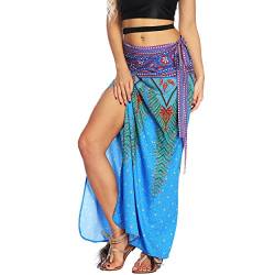 Nuofengkudu Damen Lange Hippie Rocke Luftige Boho Thai Muster Binden Taille Elegante Zigeuner Maxi Röcke Skirts Blau Pfau von Nuofengkudu