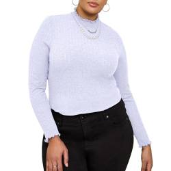 Nuofengkudu Damen Mock Neck Langarm T-Shirt Geripptes Strickmuster Slim Fit Übergröße Damenoberteile Dehnbares Einfarbiges Leichtgewichts-Pullover-Basisstück Weiß XL von Nuofengkudu