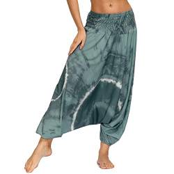 Nuofengkudu Damen Pumphose Aladin Thai Haremshose Hippie Bunt Muster Baggy Leichte Indische Yoga Hosen Hip Hop Sommer Strandhose(W-Grau,Einheitsgröße) von Nuofengkudu