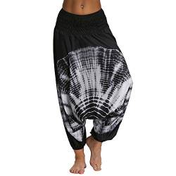 Nuofengkudu Damen Pumphose Aladin Thai Haremshose Hippie Bunt Muster Baggy Leichte Indische Yoga Hosen Hip Hop Sommer Strandhose(W-Schwarz,Einheitsgröße) von Nuofengkudu