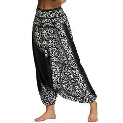 Nuofengkudu Damen Pumphose Aladin Thai Haremshose Hippie Bunt Muster Baggy Leichte Indische Yoga Hosen Hip Hop Sommer Strandhose (Schwarz Muster C,One Size) von Nuofengkudu